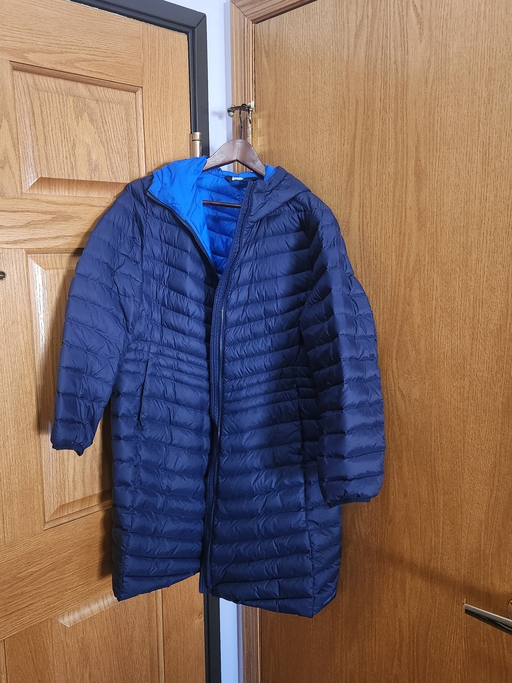 Lands' End Navy Long Quilted Hooded Puffer with Bright Blue Lining